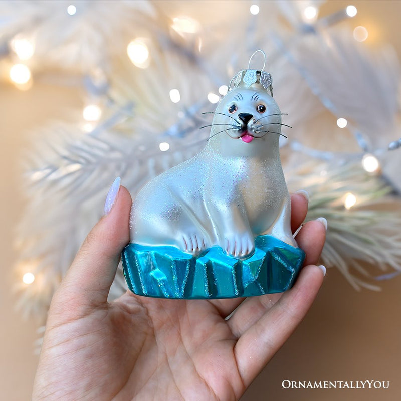 White Seal on a Glacier Glass Christmas Ornament, Pinnipeds and Sea Lion Themed Decor