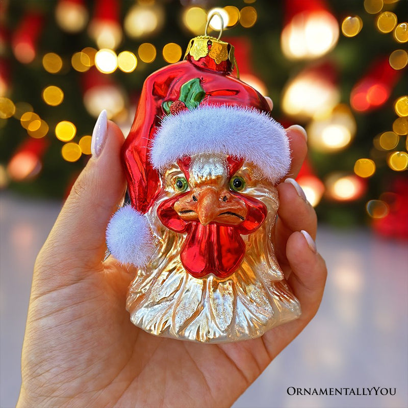 Rooster with Santa Hat Handblown Glass Christmas Ornament, Farm Chicken Holiday Decor