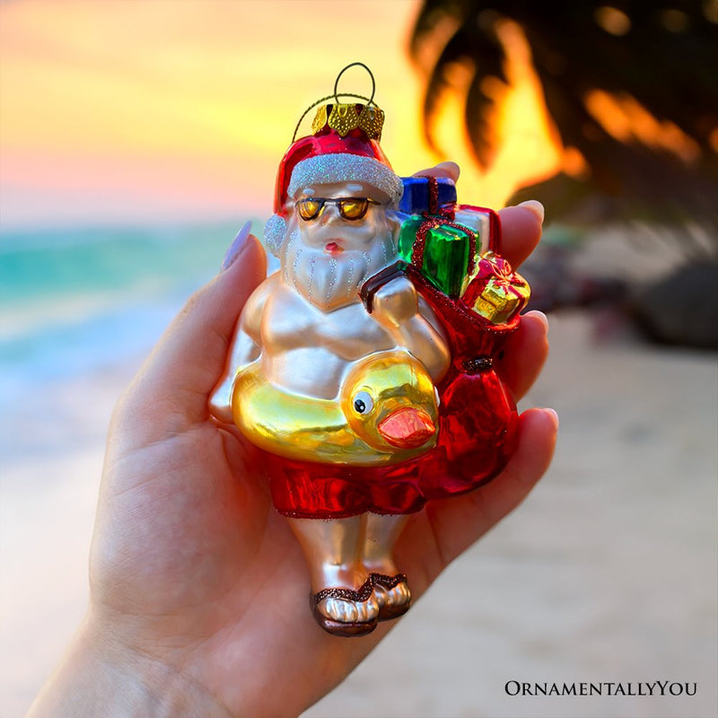 Santa on Summer Vacation in the Pool Quirky Glass Christmas Ornament, Rubber Duckey Tropical Holiday Decor