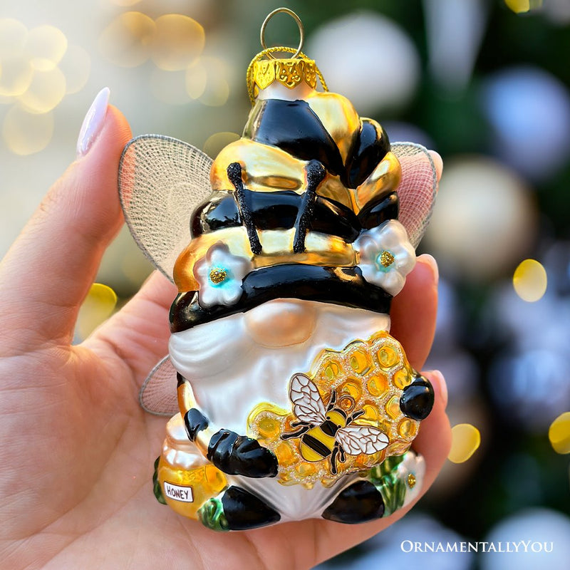 Sparkling Bee Gnome Glass Christmas Ornament, Bumblebee Themed Holiday Decor