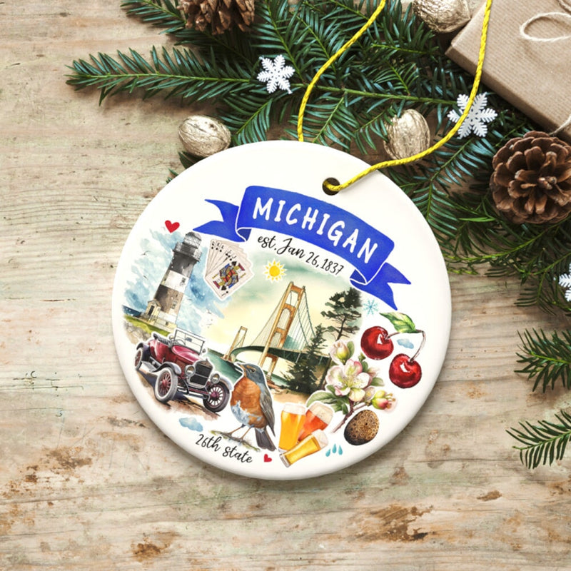 Artistic Michigan State Themes and Landmarks Christmas Ornament