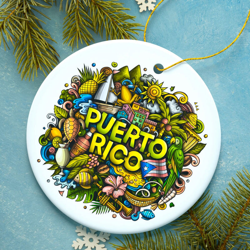 Puerto Rico Symbols Graphic Art on Ceramic Ornament, Rican Culture Christmas Gift