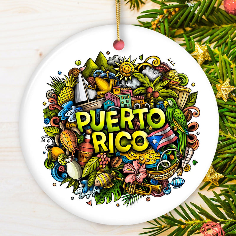 Puerto Rico Symbols Graphic Art on Ceramic Ornament, Rican Culture Christmas Gift