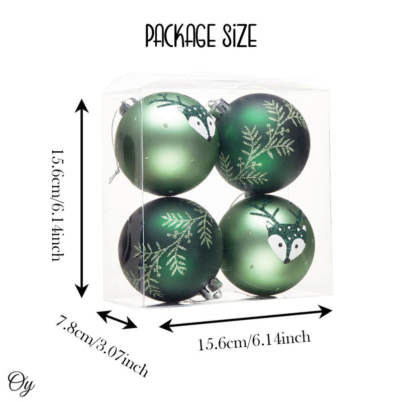 Unique Spruce Leaf and Woodland Deer Patterned Christmas Bauble Ball Set of Four, Glittered Light and Dark Green Ornaments