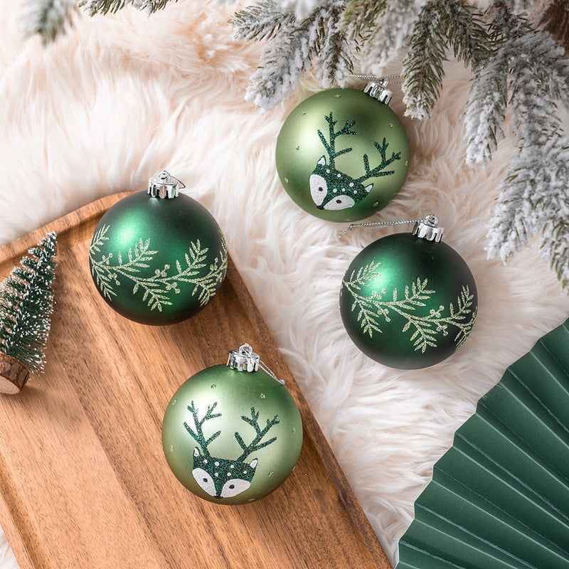 Unique Spruce Leaf and Woodland Deer Patterned Christmas Bauble Ball Set of Four, Glittered Light and Dark Green Ornaments