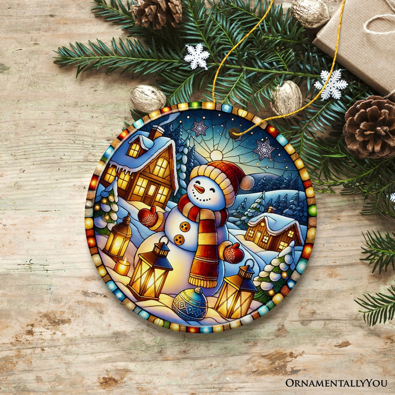 Enchanting Snowman with Cozy Lantern in Winter Village Ceramic Ornament for Decor and Gift