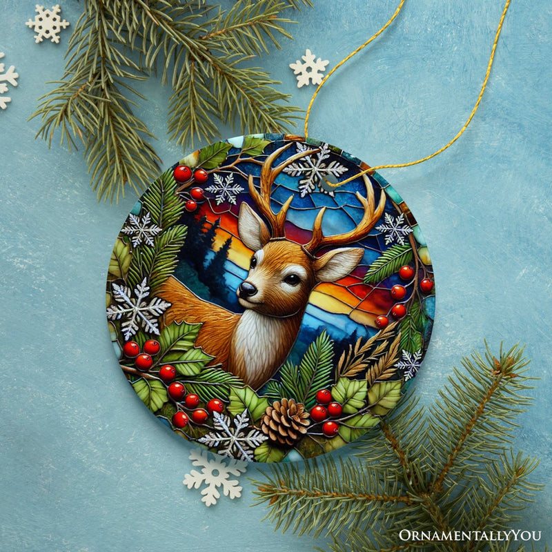 Majestic Winter Deer in Holly Branches Ornament, Enchanting Holiday Wonderland for Christmas Tree Decor