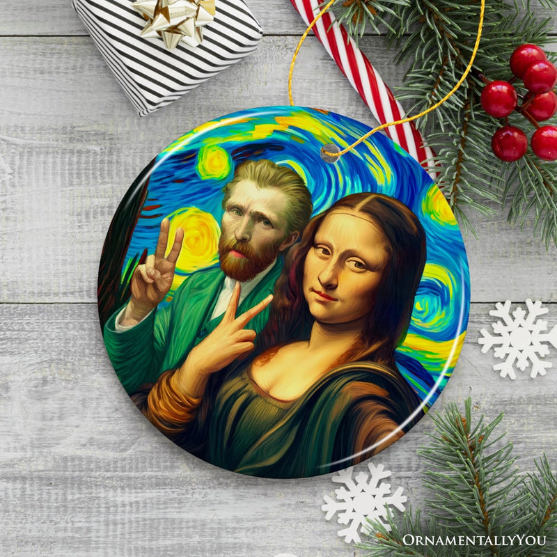 Mona Lisa And Vincent Van Gogh Starry Night Date Selfie Ceramic Ornament, Famous Art Decor And Souvenir