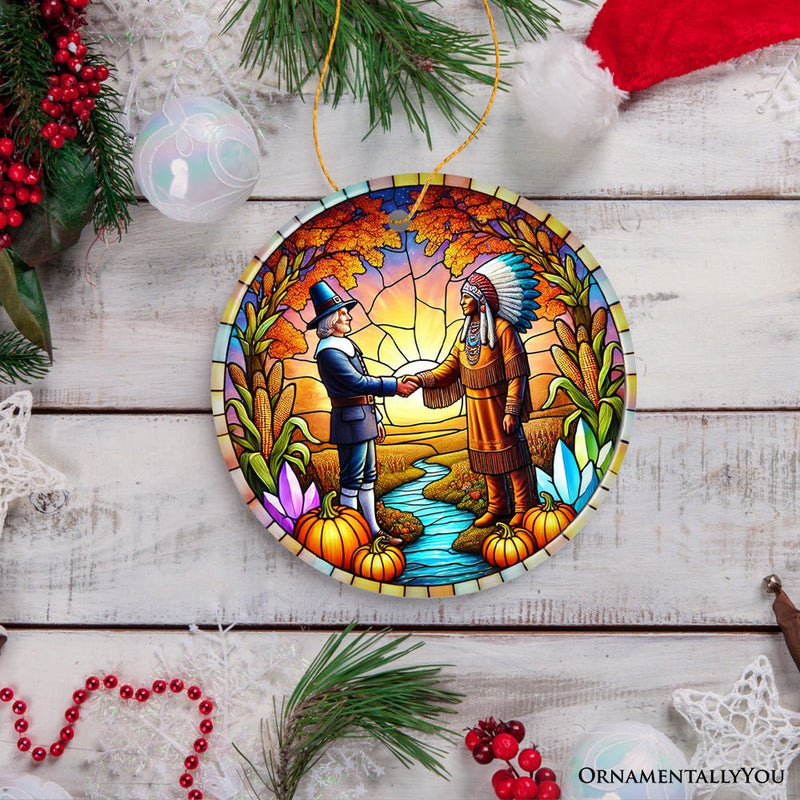 Pilgrim and Native American Chief Harmonious Unity Ornament, Vibrant Harvest Celebration Keepsake