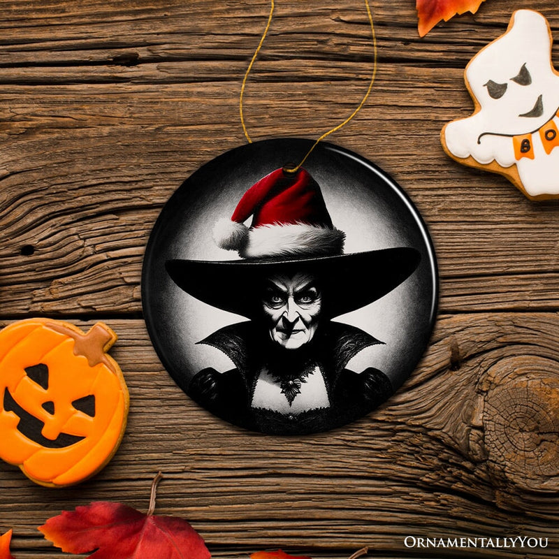 Spooky Witch with Santa Hat Ceramic Ornament, Halloween Themed Christmas Gift and Decor