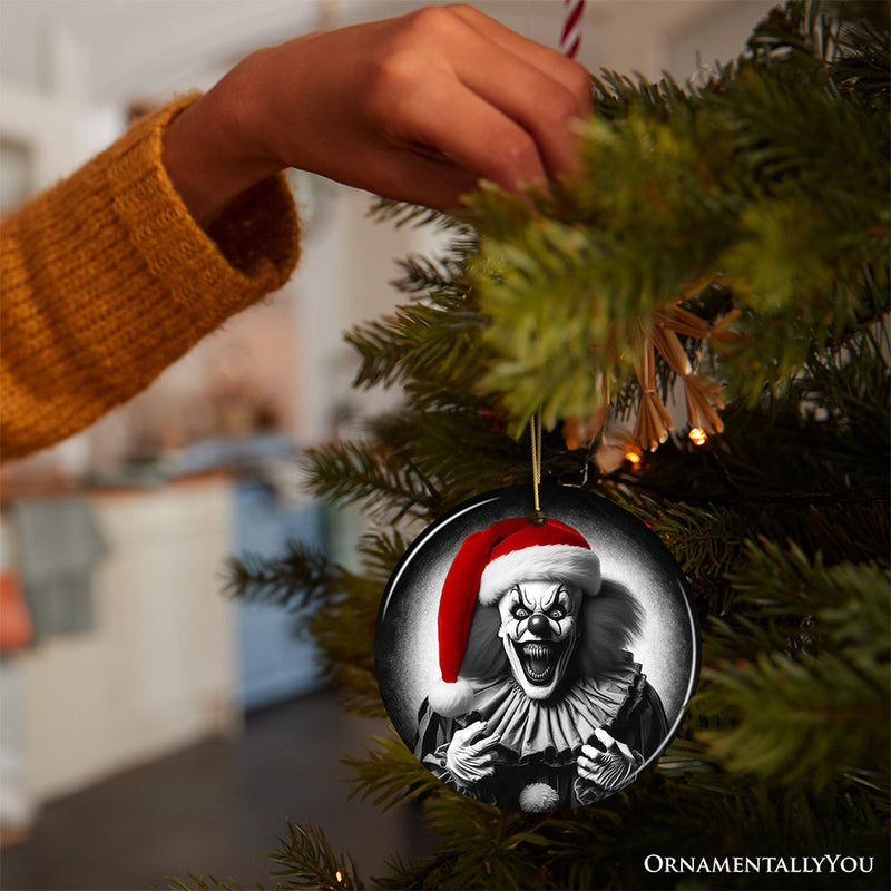 Sinister Santa Clown Ceramic Ornament, Eerie Christmas Decoration for Halloween Tree