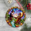 Pilgrim and Native American Chief Harmonious Unity Ornament, Vibrant Harvest Celebration Keepsake