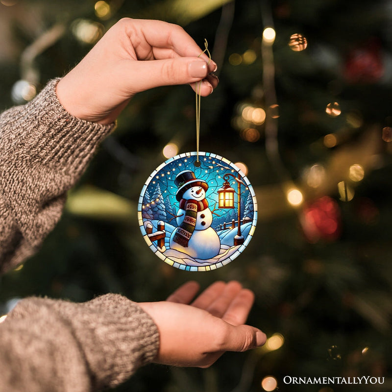 Serene Lantern Light Snowman with Top Hat Ornament, Gift for Joyful Winter Tranquility Decor