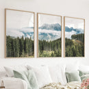 Green Pine Tree Forest. Blue Foggy Mountains. Set of 3 Prints by Wall Art Set