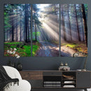 Forest Path Canvas Wall Art | 3 Panel Sun Rays in a Misty