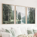 Green Forest River with Trees and Mountain. 3 Piece Wall Art by Wall Art Set