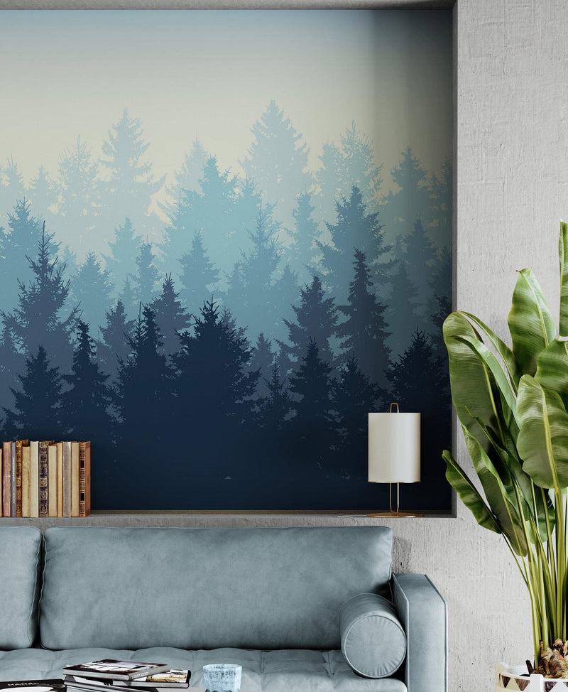 Misty Forest Wallpaper. Blue Pastel Color Mural