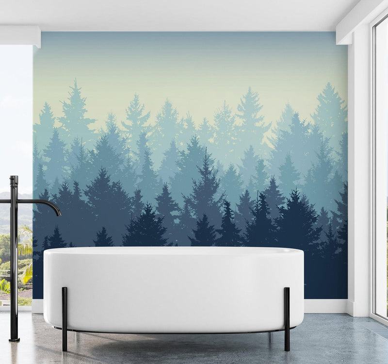 Misty Forest Wallpaper. Blue Pastel Color Mural