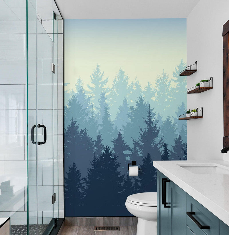 Misty Forest Wallpaper. Blue Pastel Color Mural