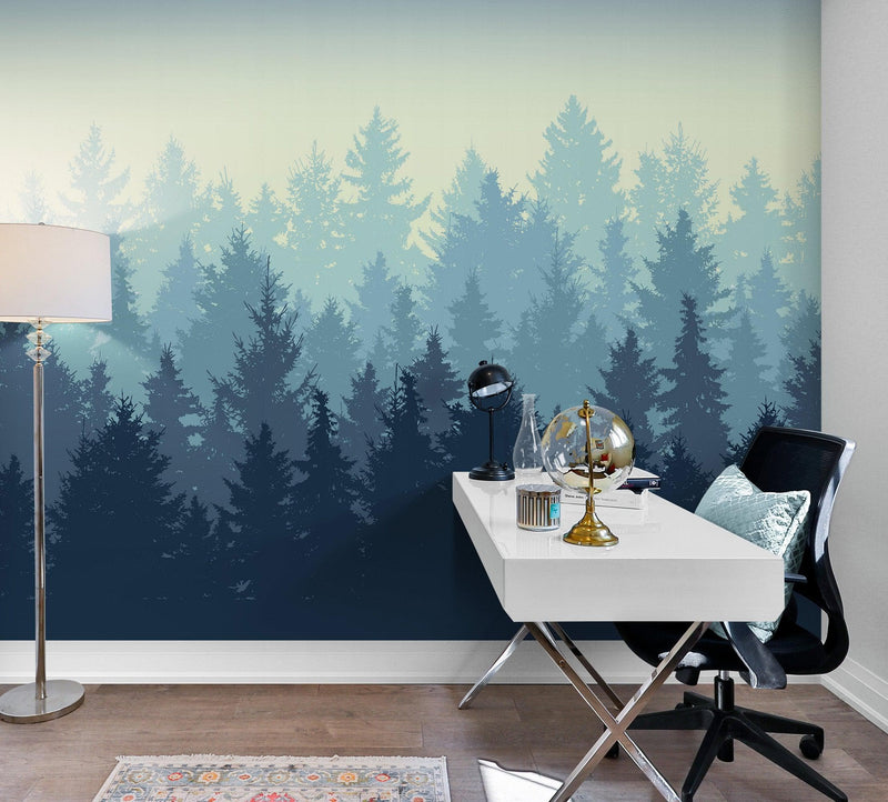 Misty Forest Wallpaper. Blue Pastel Color Mural