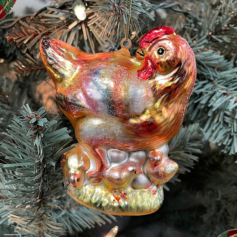 Chicken and Baby Chicks Glass Ornament