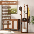 Freestanding Wooden Coat Tree with 3 Display Storage Shelves and 9 Hooks by DirectDeals