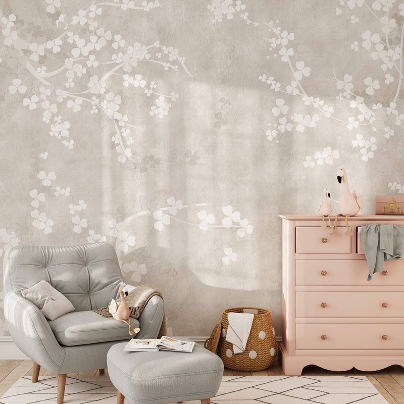 Wall Mural Soft Sakura Blossom - Neutral Floral Wallpaper