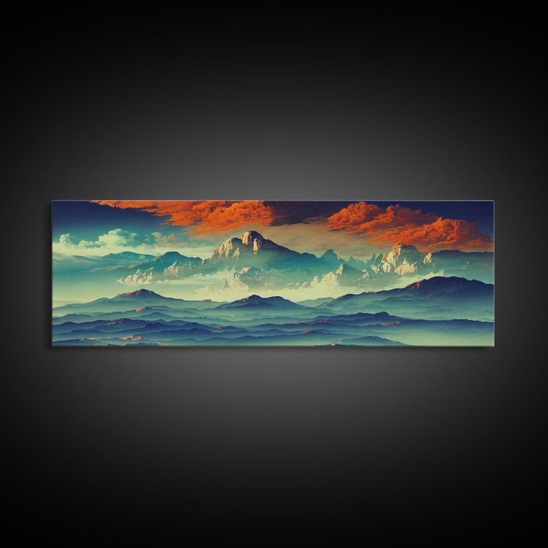 Beautiful Fantasy Mountain Landscape With Orange Clouds, Framed Canvas Print, Ready To Hang Panoramic Wall Decorr