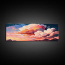 Panoramic Framed Canvas Print of Watercolor Panoramic Landscape Painting of Red & Pink Clouds at Sunset, Framed Wall Art