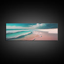 Panoramic Framed Canvas Print of Watercolor Beach Sunset Landscape Painting, Blue Ocean Waves, Tranquil Art, Peaceful Art