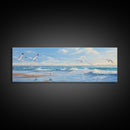 Blue Beach, Ocean Waves & Seagulls Panoramic Framed Canvas Print - Perfect for Living Room, Bedroom, Office Decor