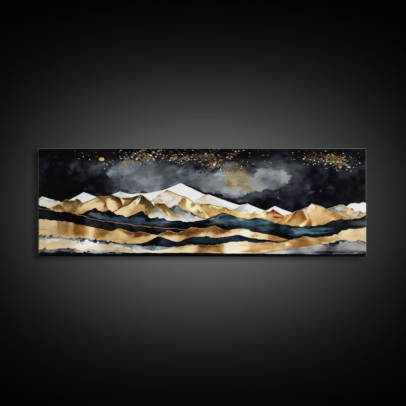 Black & Gold Mountain Landscape Painting, Framed Canvas Print, Panoramic Art, Extra Wide Art, Center Piece Decor, Above Fireplace or Sofa