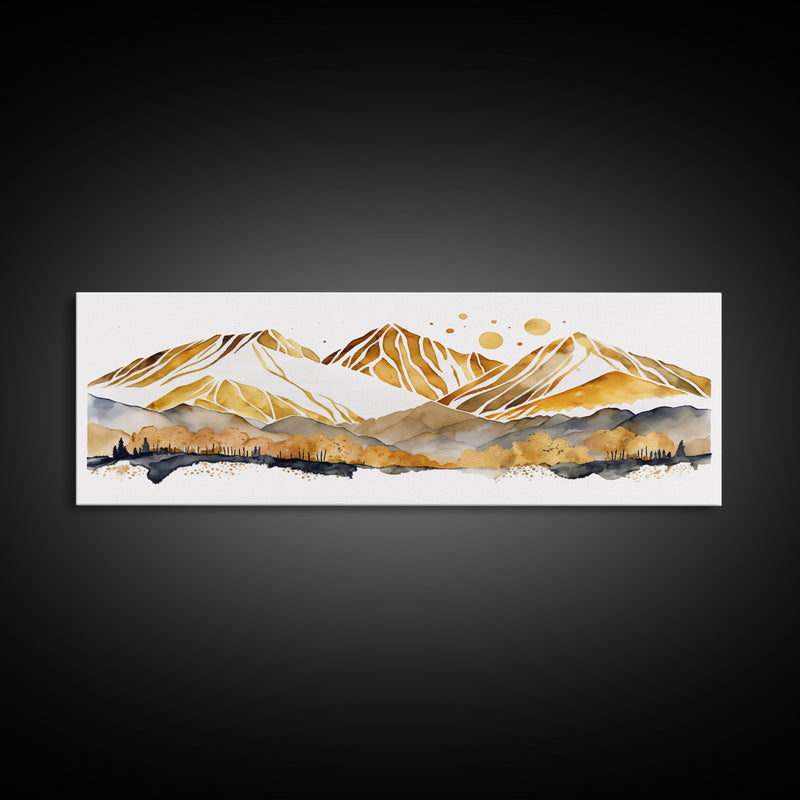 White & Gold Mountain Landscape Painting, Framed Canvas Print, Panoramic Art, Extra Wide Art, Center Piece Decor, Above Fireplace or Sofa