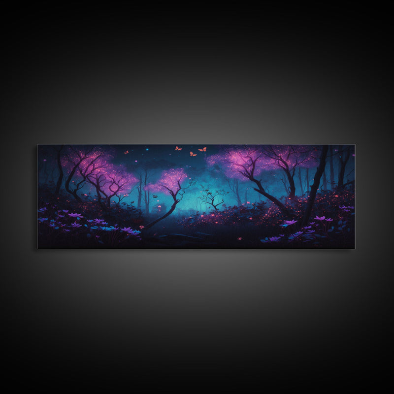 Beautiful Fantasy Forest, Framed Canvas Print, Fantasy Art, Butterflies and Fireflies Light up a Fairy Forest At Night, Framed Wall Art