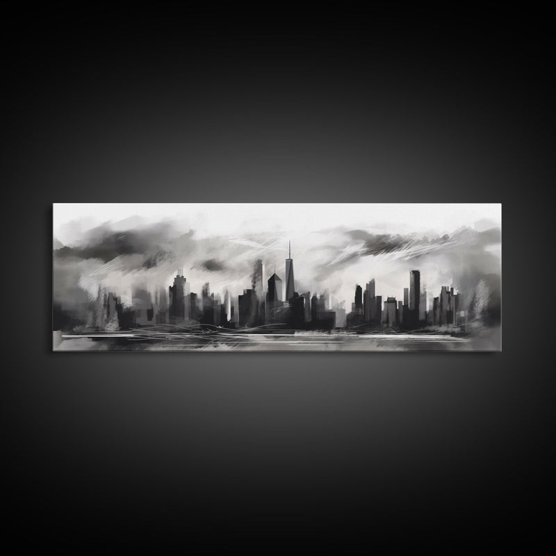 Abstract City Art, Cityscape Wall Art, City Skyline Wall Art, Black And White Urban Art Print, Wall Decor, Panoramic, Wall Art, Canvas Print