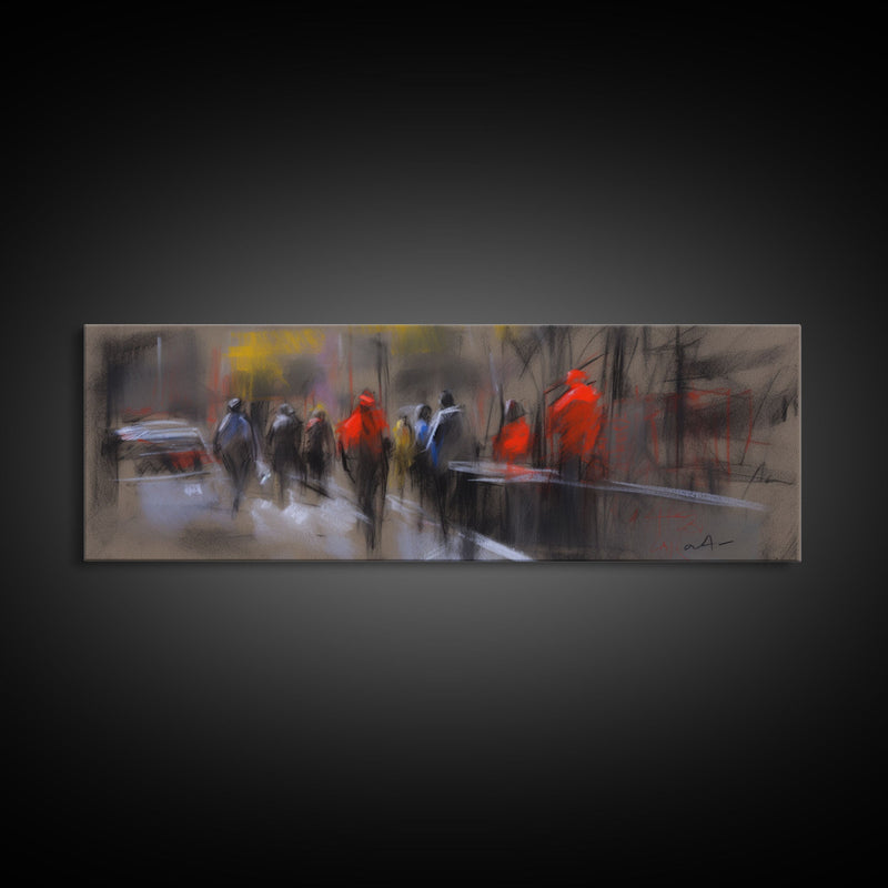 Abstract People On Street Canvas Print, Abstract Urban Art, Vibrant Art, Line Art City Wall Decor, Panoramic, Wall Art, Canvas Print