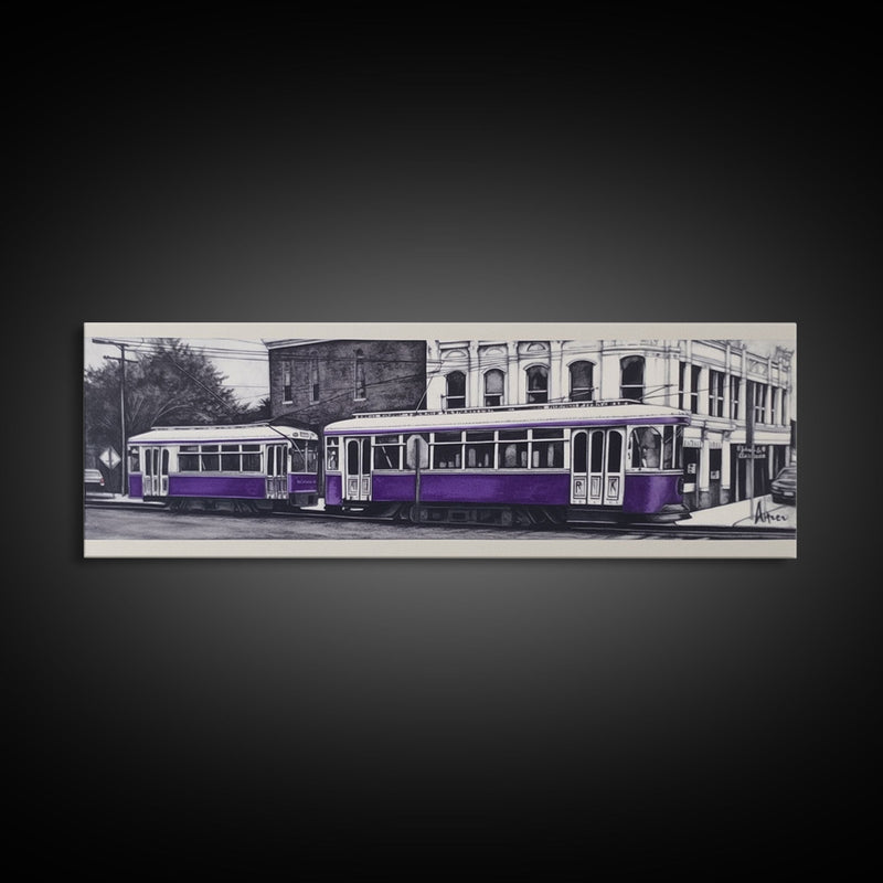 Purple Streetcar Art Print, Urban Art, Wall Decor, Color Pop, Wall Decor, Urban Framed Canvas Print, Panoramic, Wall Art, Canvas Print