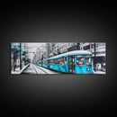 Teal Train, Tram In The City, Urban Art Painting, Large Mixed Media Art, Streetcar Print, City Art, Panoramic, Wall Art, Canvas Print