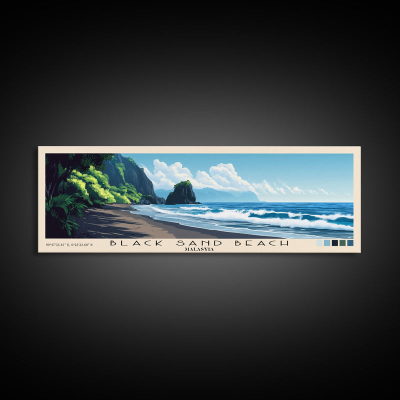 Black Sand Beach, Malasyia Panoramic Beach Print, Vacation Gift, Malasyia Wall Art, Framed Canvas Print, Framed Beach Painting