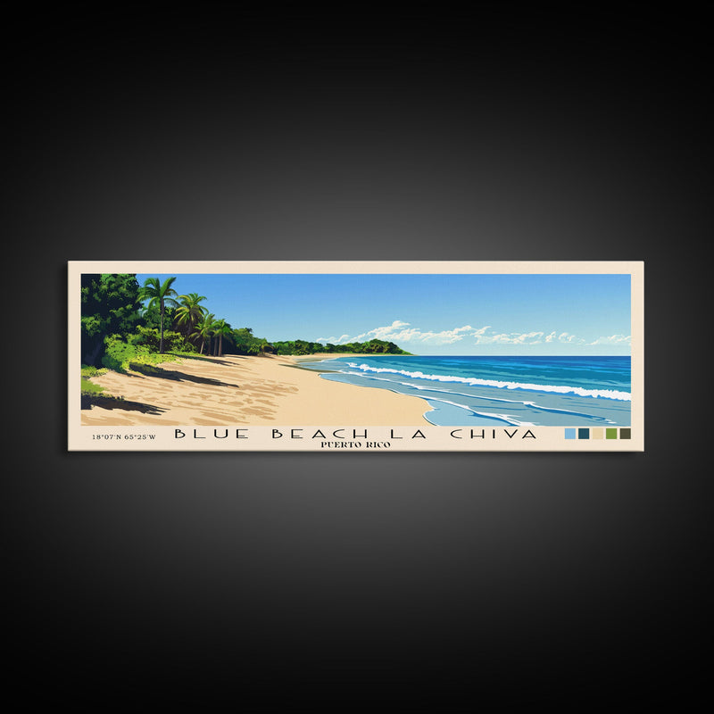 Blue Beach La Chiva, Puerto Rico Panoramic Beach Print, Vacation Gift, Puerto Rico Wall Art, Framed Canvas Print, Framed Beach Painting