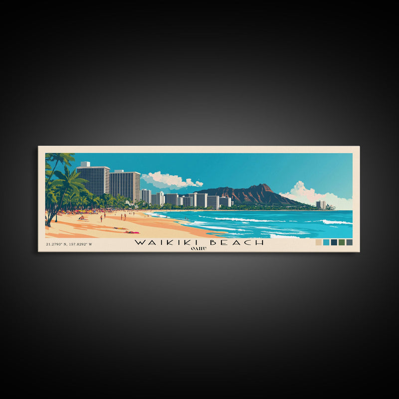 Waikiki Beach, Oahu Panoramic Beach Print, Vacation Gift, Oahu Wall Art, Beach Painting, Beach Decor, Beach Painting