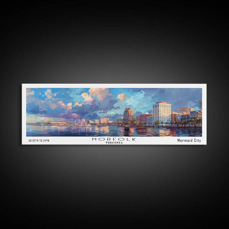 Norfolk Virginia Panoramic Framed Canvas Print, Cityscape Watercolor Painting, Modern Wall Art for Home Decor, Travel Poster, Urban Gift Idea