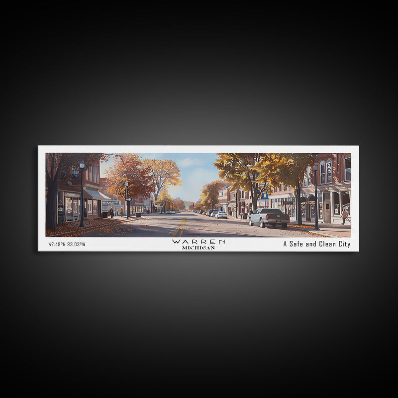 Warren Michigan Panoramic Painting, Framed Canvas Print, Retro Travel Poster, Artistic Wall Art, Unique Living Room Decor, Office Gift