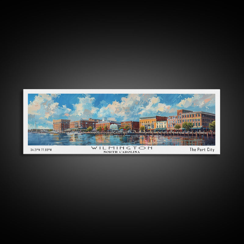 Wilmington North Carolina Panoramic Framed Canvas Print, Retro Style Travel Poster, Artistic Wall Art, Unique Office Decor, Living Room Gift