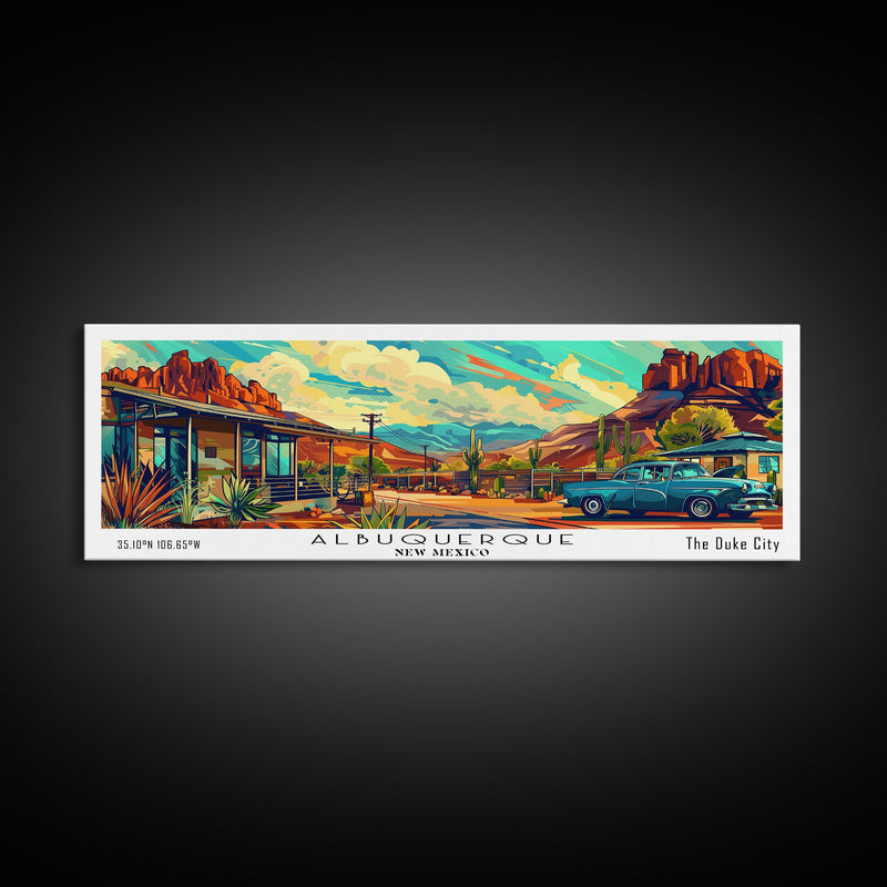 Albuquerque New Mexico Panoramic Painting Framed Canvas Print, Mid Century Modern Art, Pop Art Style, Travel Poster, Wall Art Decor