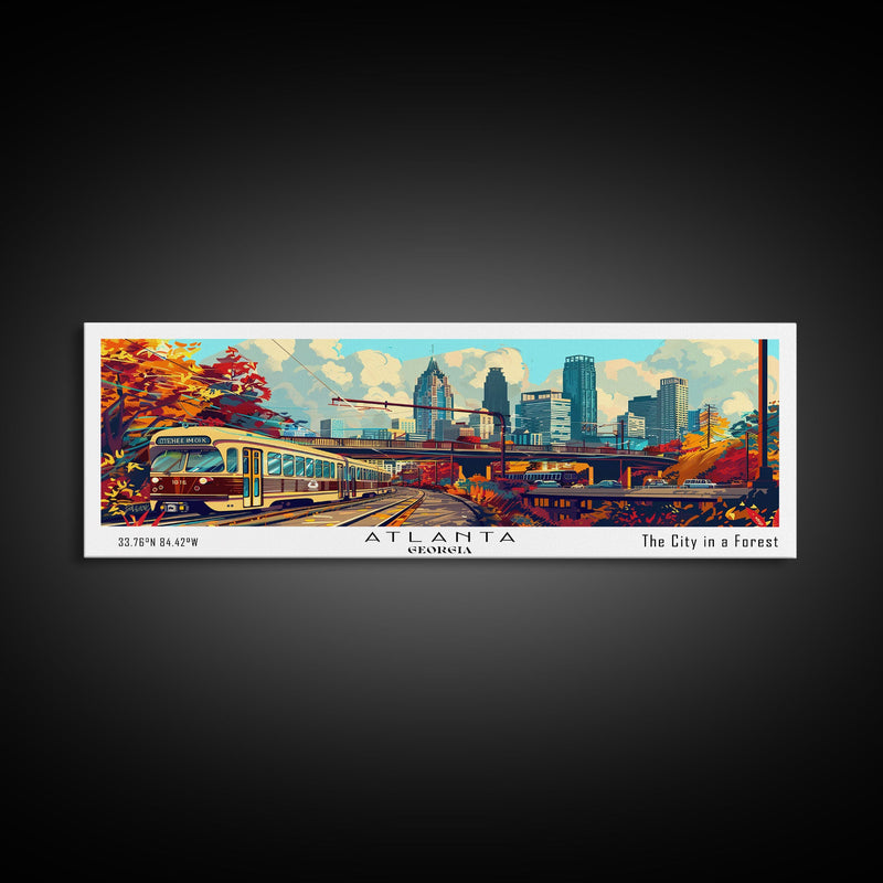 Atlanta Georgia Panoramic Wall Art Framed Canvas Print, Mid Century Modern Art, Pop Art Style, Travel Poster, Home Decor, Wall Hanging