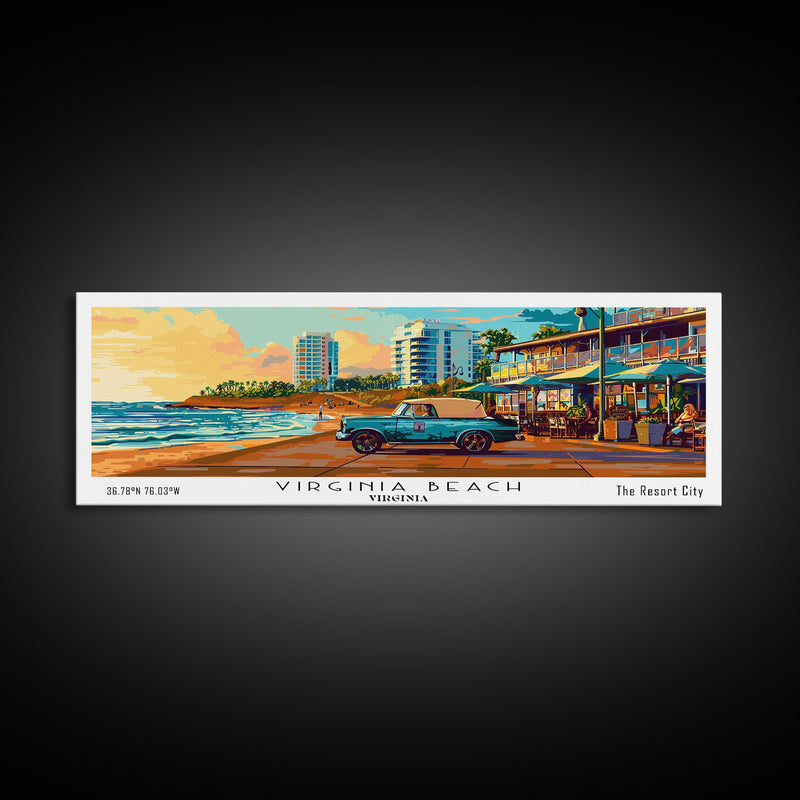 Virginia Beach Virginia Panoramic Wall Art, Mid Century Modern Framed Canvas Print, Retro Pop Art Travel Poster, Living Room Decor