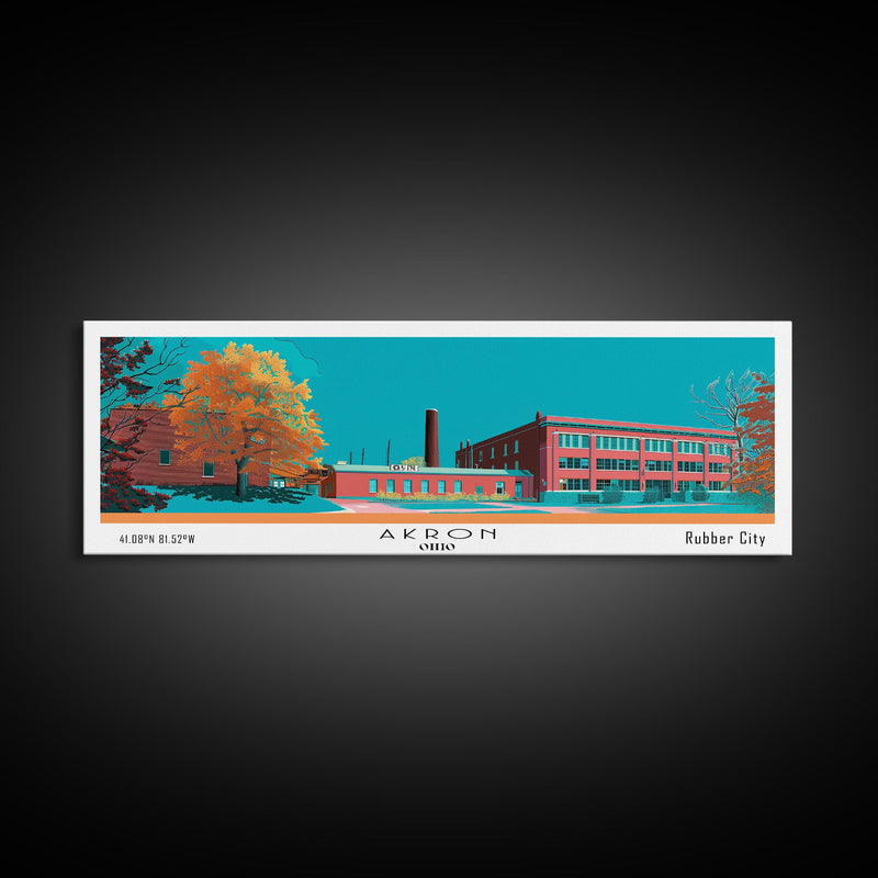 Akron Ohio Panoramic Painting, Mid Century Modern Framed Canvas Print, Retro Pop Art Travel Poster, Living Room Wall Art Decor, City Art