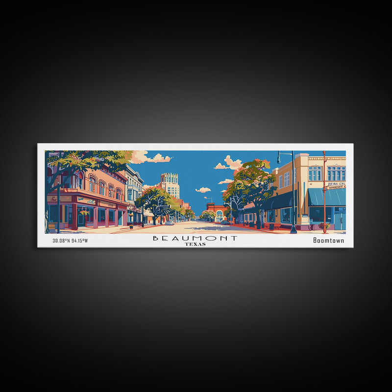 Beaumont Texas Panoramic Painting, Mid Century Modern Framed Canvas Print, Retro Pop Art Travel Poster, Living Room Wall Art, City Print