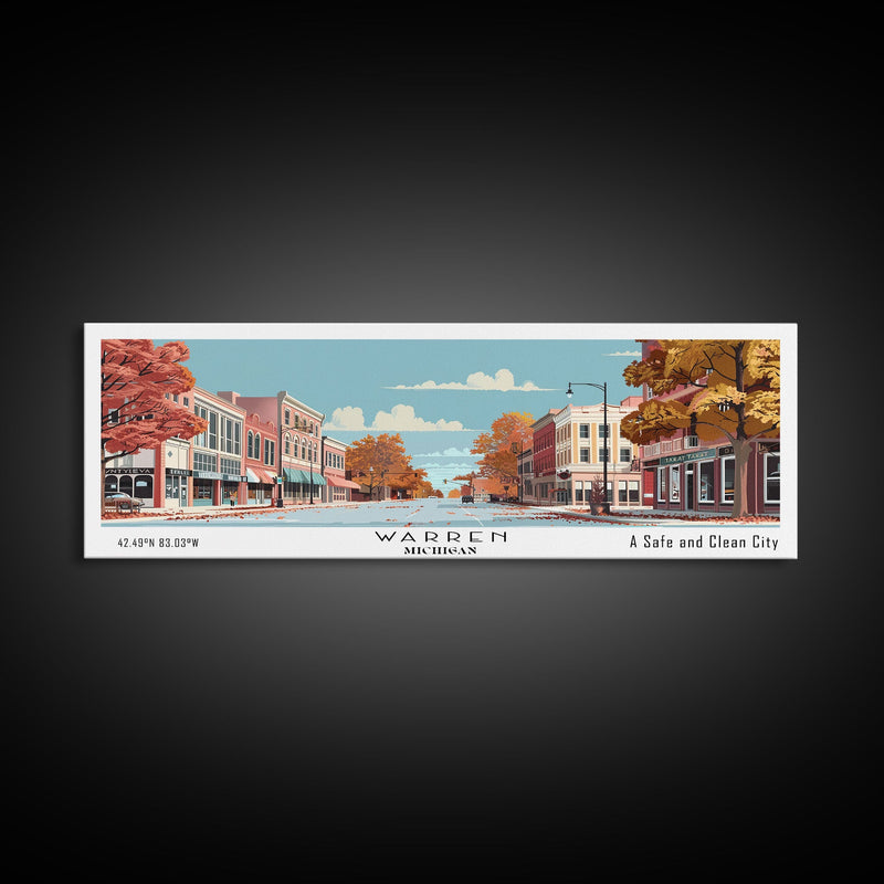 Warren Michigan Panoramic Painting, Mid Century Modern Framed Canvas Print, Retro Pop Art Travel Poster, Office Wall Art, Home Decoration